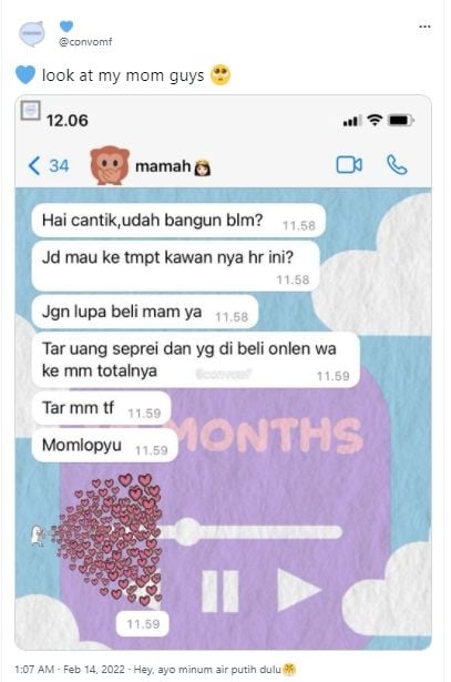 Tangkapan layar chat seorang ibu untuk anaknya yang buat terharu. (Twitter/convomf)