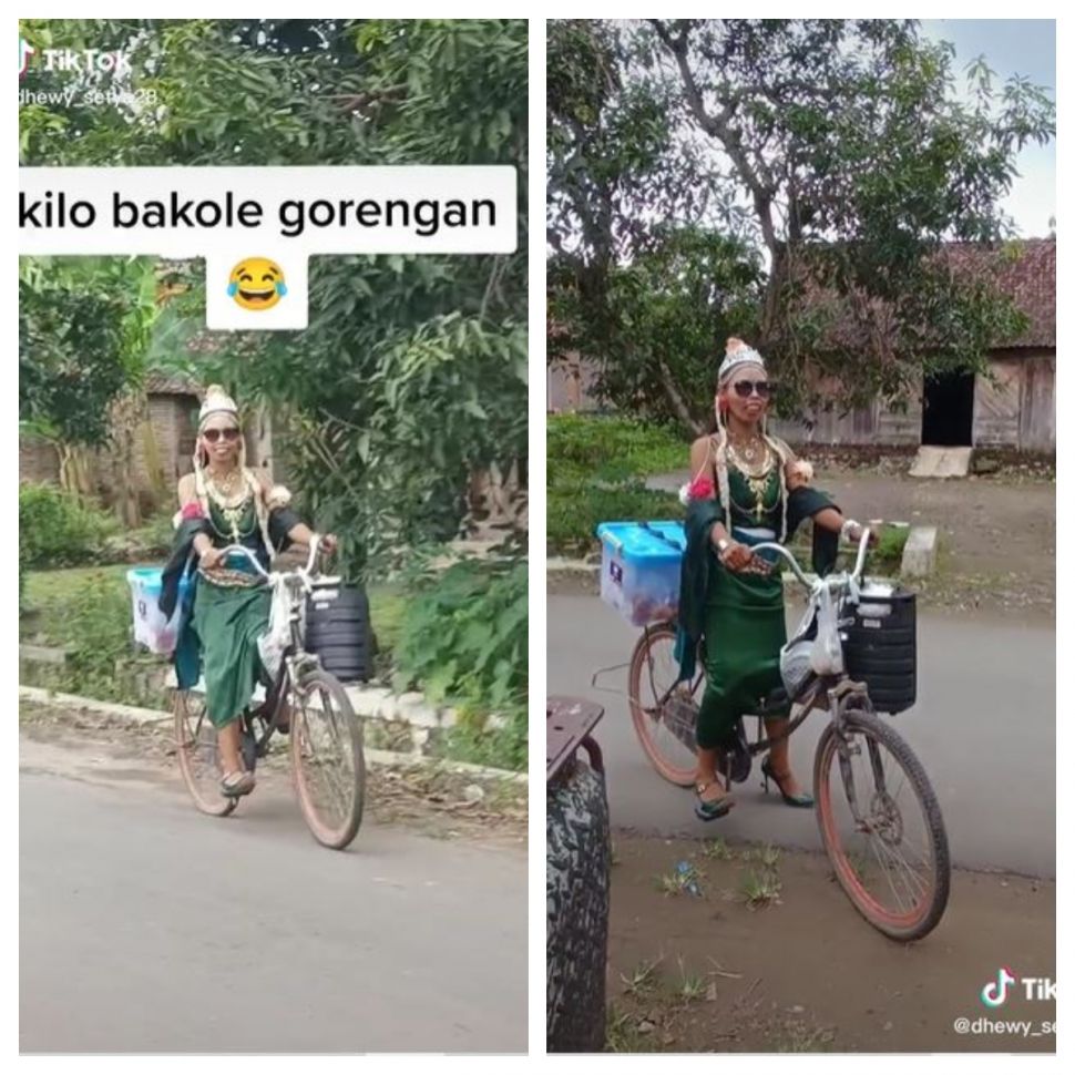 Viral penjual gorengan cosplay Ratu Pantai Selatan (TikTok @dhewy_setya28)