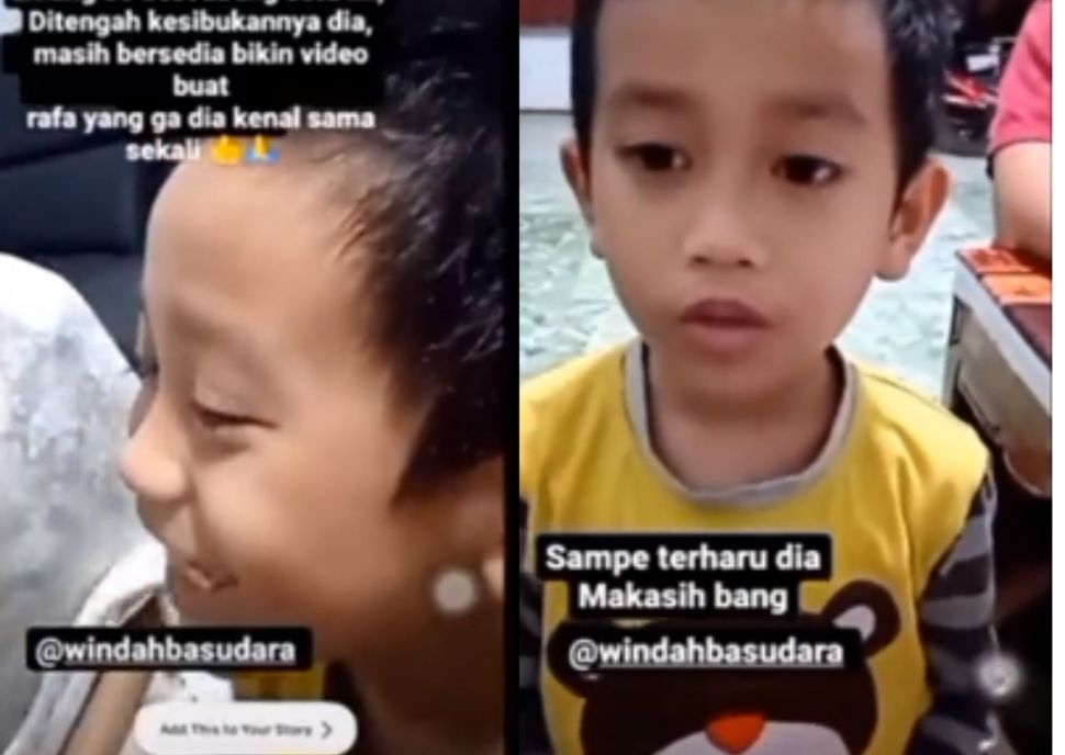 Seorang bocah laki-laki senang dan terharu sekaligus usai mendapatkan ucapan dari Windah Basudara. (Twitter/nocontextwindah)