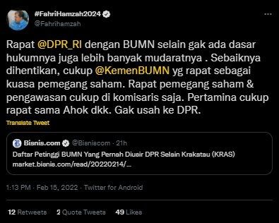 Fahri Hamzah Beri Pesan Menohok Soal Pengusiran Petinggi BUMN Oleh DPR. (Twitter/@Fahrihamzah)