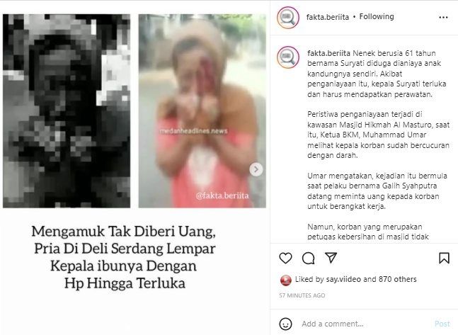 Viral Pria Tega Lempar Kepala Ibunya Pakai Ponsel Hingga Berdarah. (Instagram/@fakta.beriita)