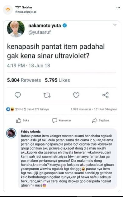 Unggahan mengaku tak suka pantat suami hitam. (Twitter/txtdarigajelas)