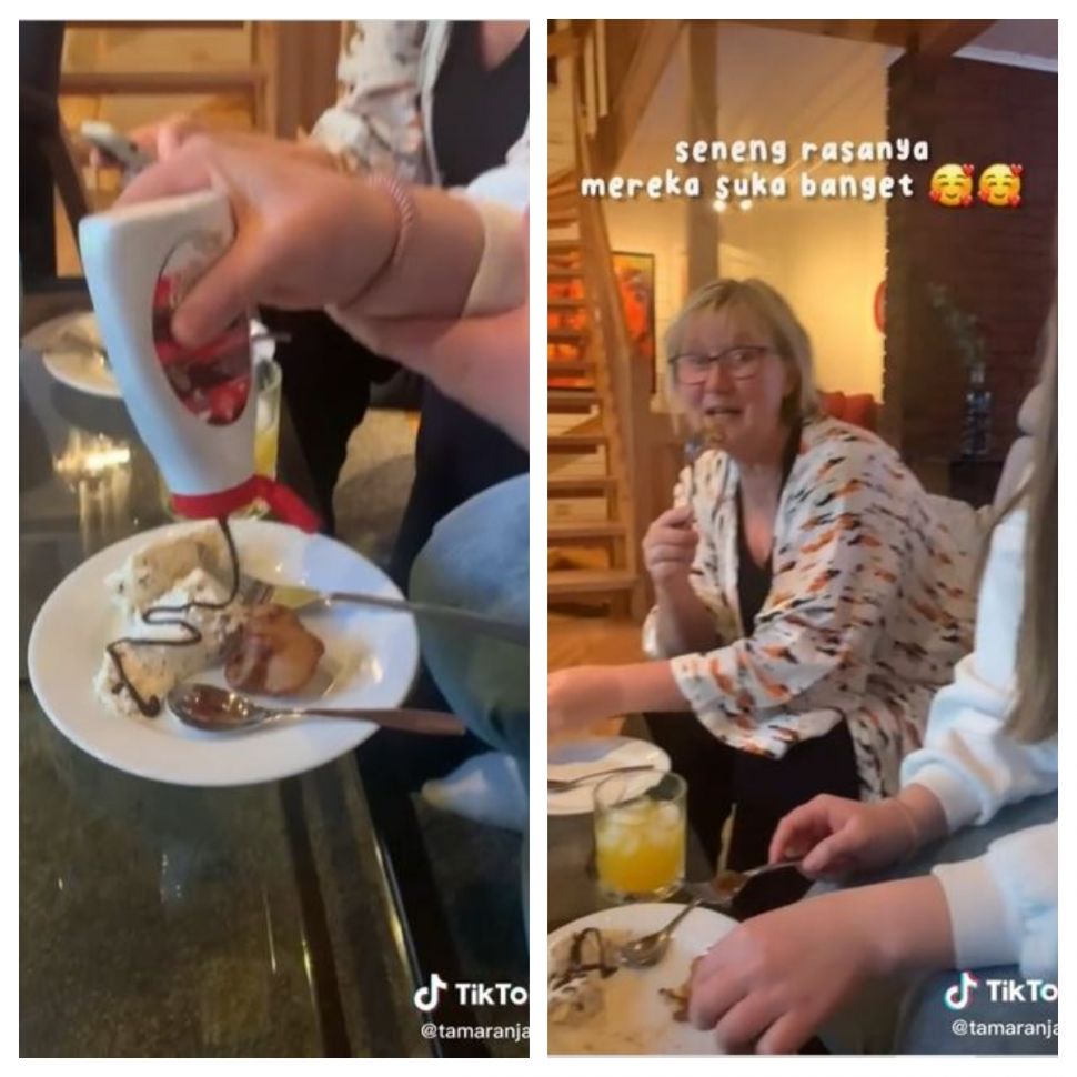 Bule Norwegia makan pisang goreng (TikTok @tamaranjani)