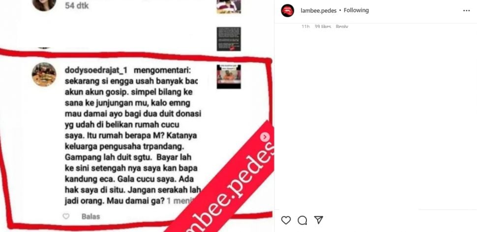 Komentar diduga tulisan Doddy Sudrajat (instagram.com)