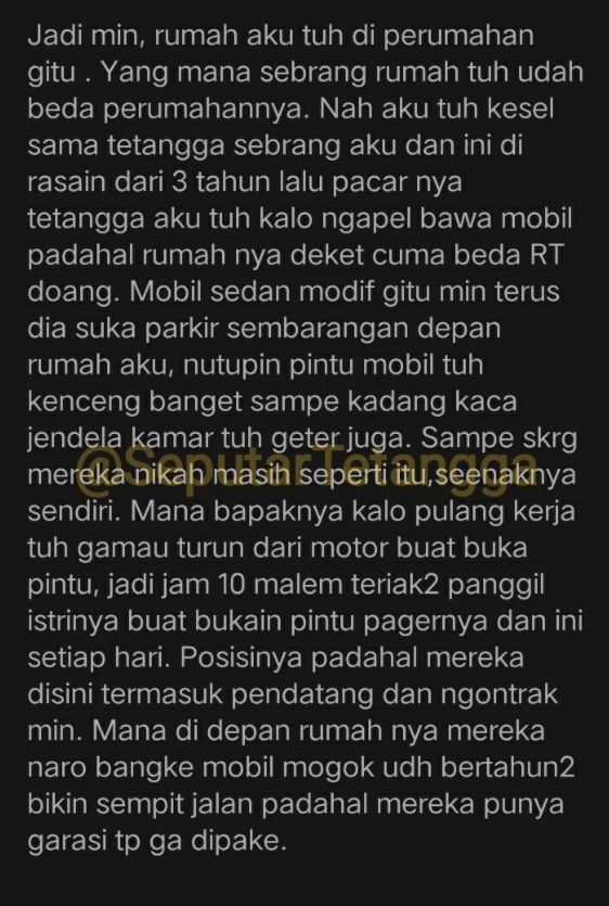 Curhatan warganet tentang tetangga yang suka bikin gaduh saat naik mobil yang berisik. (Twitter/@SeputarTetangga)