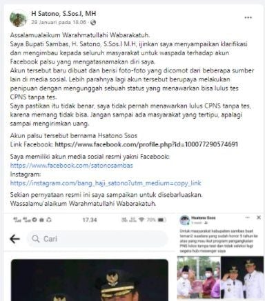 CEK FAKTA Geger Bupati Sambas Tawarkan Lolos CPNS Tanpa Tes Lewat Facebook. (Turnbackhoax.id)