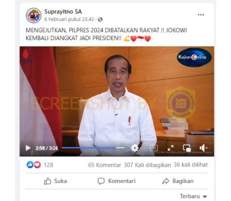 CEK FAKTA Jokowi Akan Kembali Diangkat Jadi Presiden Karena Pilpres 2024 Dibatalkan. (Turnbackhoax.id)