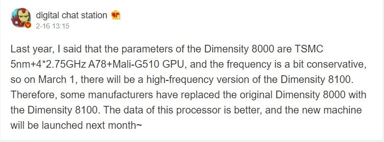 Dimensity 8100. [Weibo] 