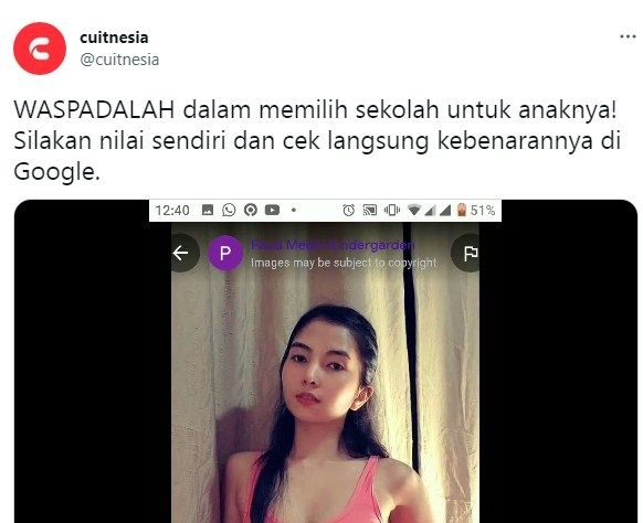 Akun Twiter @cuitnesia menampilkan potret seorang wanita seksi dengan menerterakan nama pihak PAUD Melati.