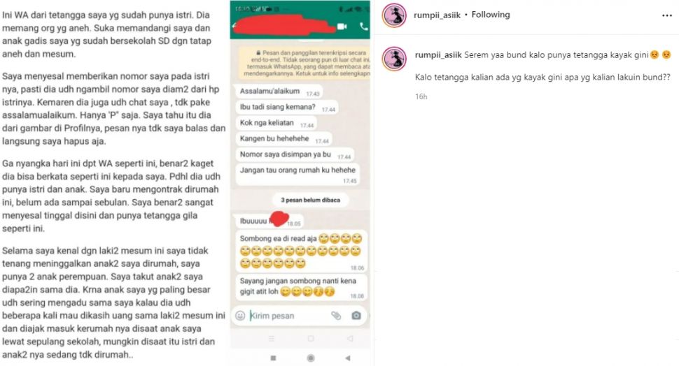 Viral curhat punya tetangga mesum. (instagram.com/rumpii_asiik)