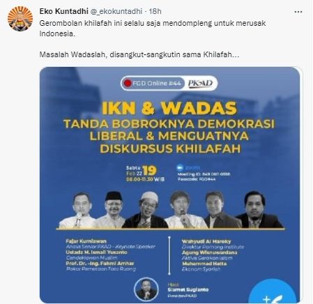 Cuitan Eko Kuntadhi soal IKN dan Wadas yang dikait-kaitkan dengan Khilafah. [Twitter]