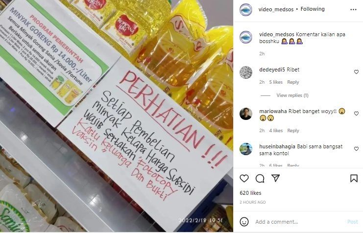 Viral Syarat Beli Minyak Goreng Wajib Fotocopy KK dan Bukti Vaksin. (Instagram/@video_medsos)