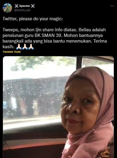 Viral 'Twitter Do Your Magic' Cari Nenek Pensiunan Guru BK yang Hilang. (Twitter/@kamto_adi)