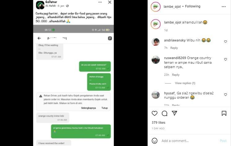 Viral Driver Ojol Pamer Jumlah Tip dari Customer Jepang. (Instagram/@lambe_ojol)