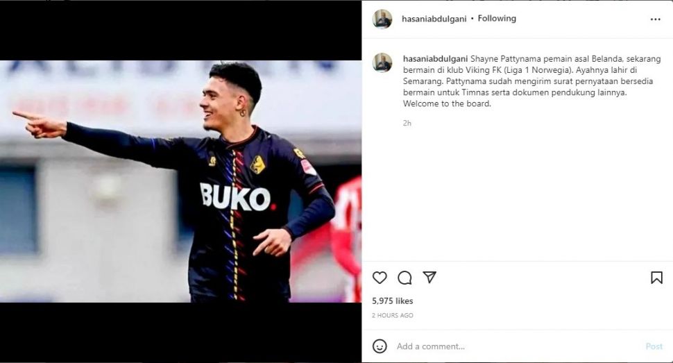 Exco PSSI Hasani Abdulgani mengungkapkan kesediaan Shayne Pattynama untuk membela timnas Indonesia - (Instagram/@hasaniabdulgani)