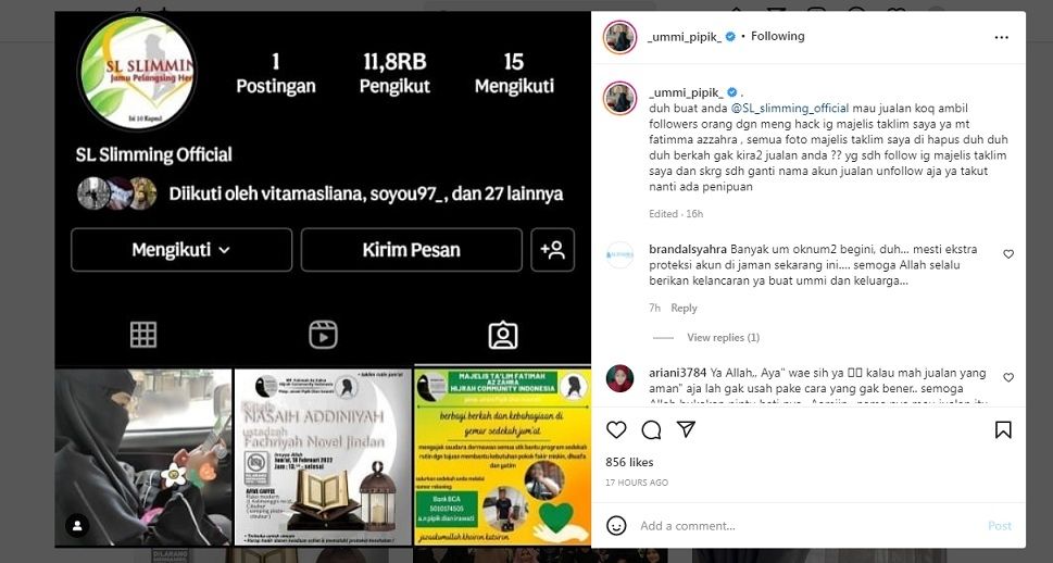 Akun Instagram majelis taklim Umi Pipik diretas. 