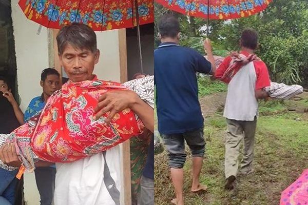 Viral Kakek Gendong Jenazah Cucu Pakai Selendang Bikin Hancur. (TikTok)