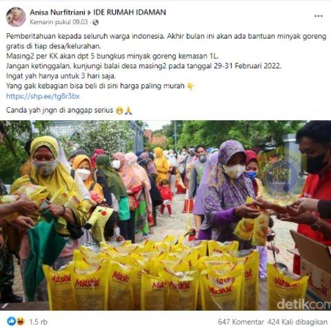 CEK FAKTA Setiap Warga RI Akan Dapat Bantuan Minyak Goreng Gratis Akhir Februari. (Turnbackhoax.id)