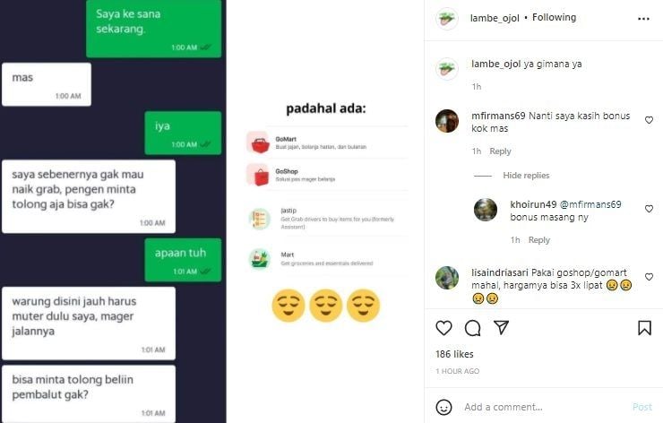 Cewek Pesan Driver Ojol Cuma Buat Titip Dibelikan Pembalut Bikin Ngelus Dada. (Instagram/@lambe_ojol)