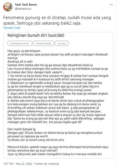 Viral Curhat Wanita Beberkan Kerja di Startup, Tak Tahan dengan Tuntutan Atasan, Stres Hingga Ingin Bunuh Diri (Twitter/taktekbum)