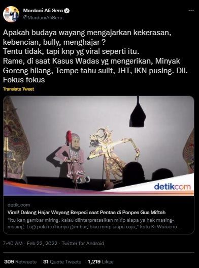 Mardani PKS Sindir Menohok Soal Wayang Mirip Ustaz Khalid Dihajar. (Twitter/@MardaniAliSera)