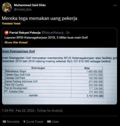 Said Didu Komentari Dokumen Viral Dana BPJS Ketenagakerjaan Buat Main Golf Rp 3 Miliar. (Twitter/@msaid_didu)