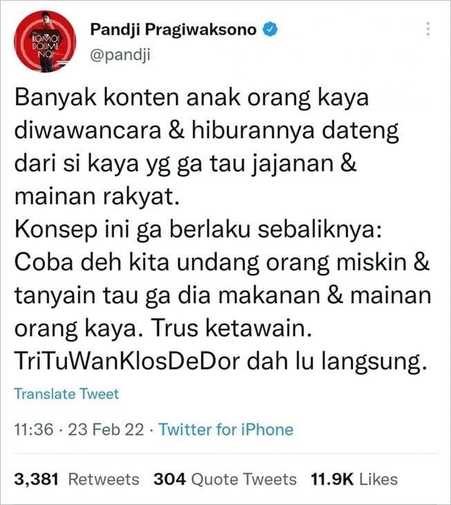 Unggahan Pandji Pragiwaksono (Twitter/@pandji)