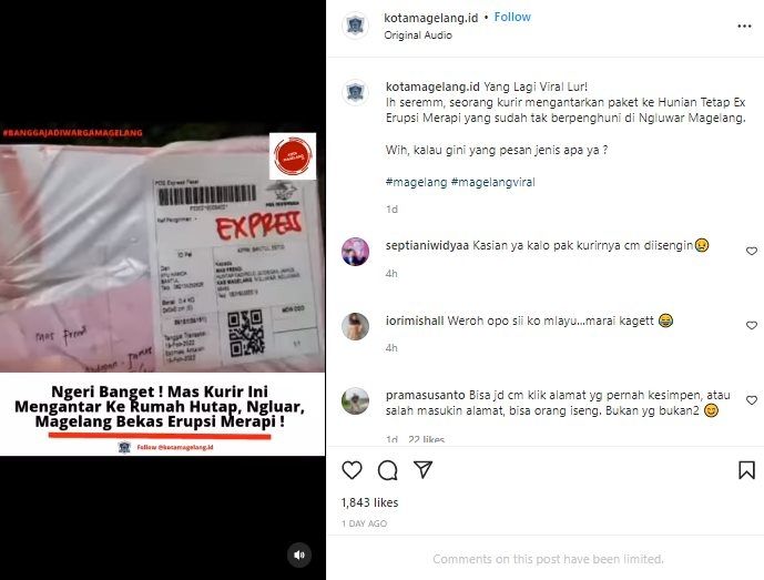 Viral Kurir Kabur Sambil Nyebut Pas Kirim Paket di Kompleks Bekas Erupsi Merapi. (Instagram/@kotamagelang.id)