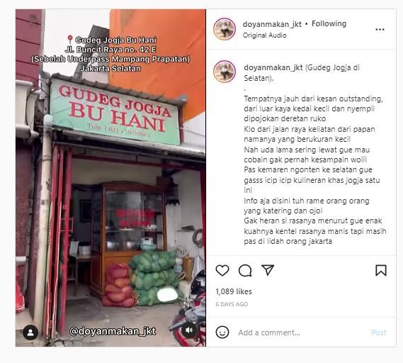 Punya Cita Rasa Otentik, Rumah Makan Gudeg di Jakarta Selatan Ini