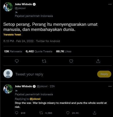 Warganet Bombardir Twit Jokowi 'Setop Perang' Demi Ingatkan Persoalan Dalam Negeri. (Twitter/@jokowi)