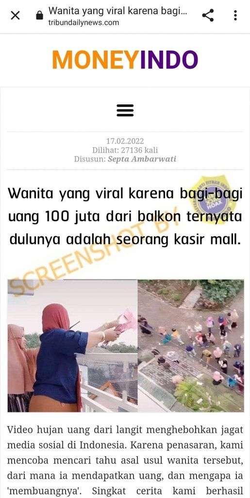 CEK FAKTA: Viral Wanita Bagikan Uang Rp 100 juta dari Balkon, Ternyata Dulu Kasir Mall, Benarkah? (Turnbackhoax.id)