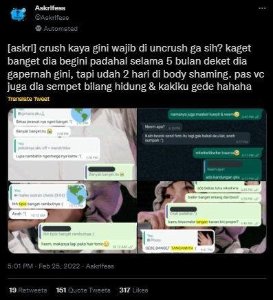 Viral Curhat Cewek Jadi Korban Body Shaming Nyelekit Gebetan. (Twitter/@askrlfess)