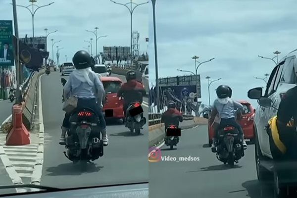 Viral Aksi Sejoli Boncengan di Jembatan Layang Bikin Salfok. (Instagram/@video_medsos)