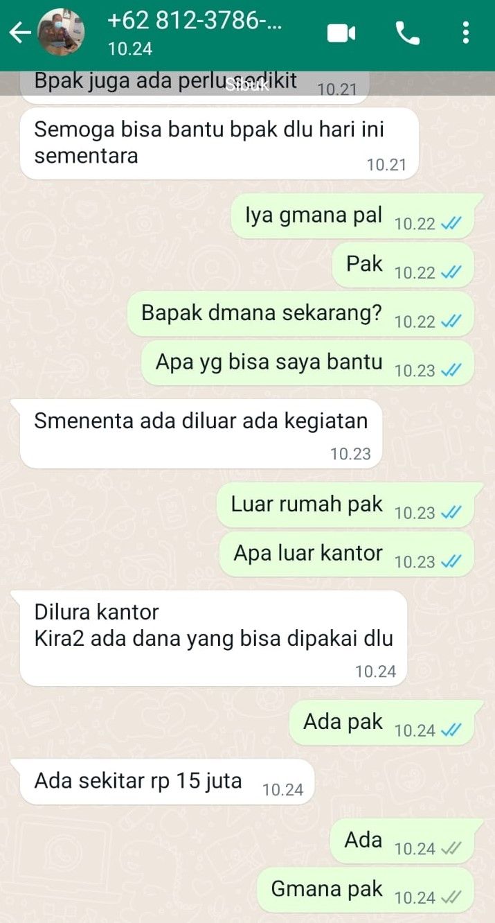 Tangkapan layar chat Kasatpol PP Lebak minta uang Rp15 juta. [IST]