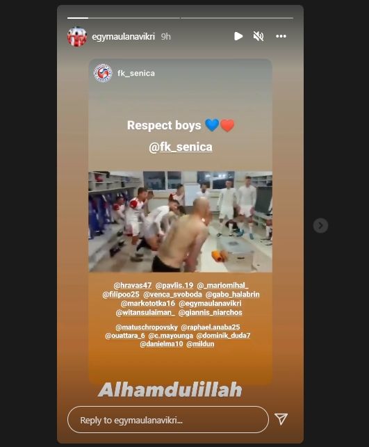 Egy Maulana Vikri tuliskan Alhamdulilah usai FK Senica raih kemenangan. (Instagram/egymaulanavikri)