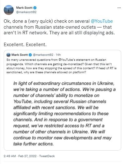 Cuitan YouTube blokir iklan Rusia. [Twitter]