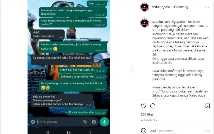 Pesan Makan Online di Resto Teman, Driver Ojol Minta Uang Parkir Rp 2 Ribu Meski Tak Ada Jukir. (Instagram/sedulur_solo)