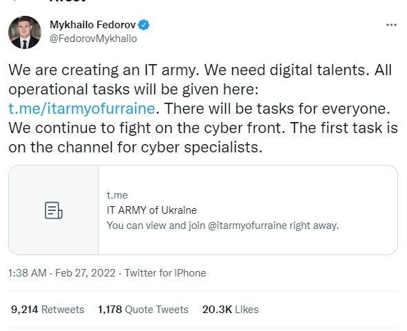 Rencana pembentukan tim hacker Ukraina. [Twitter]