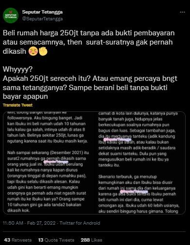 Viral Anak Curhat Pilu Ibu Beli Rumah Rp 250 Juta Tapi Tak Diberi Surat. (Twitter/@SeputarTetangga)