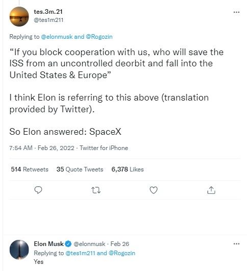 Cuitan soal ancaman Rusia menjatuhkan ISS, ditanggapi Elon Musk. [Twitter]