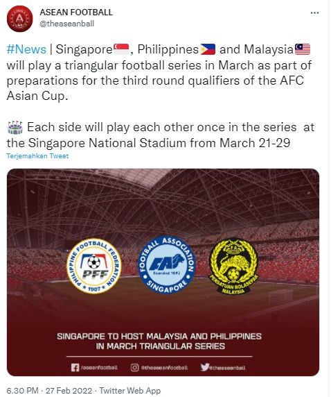 Tiga tim ASEAN, FIlipina, Malaysia, dan Singapura lakukan persiapan bareng untuk Kualifikasi Piala Asia 2023. (Twitter/@theaseanball)