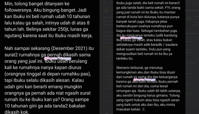 Viral Anak Curhat Pilu Ibu Beli Rumah Rp 250 Juta Tapi Tak Diberi Surat. (Twitter/@SeputarTetangga)