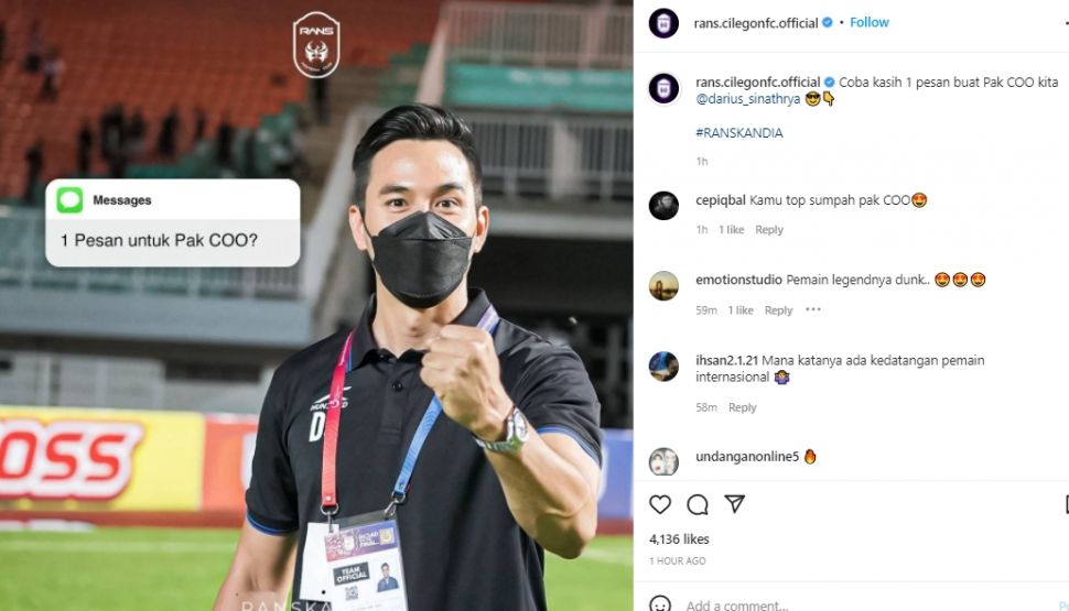 Postingan Rans Cilegon FC dibanjiri komentar netizen yang menagih janji pemain bintang dunia. (Instagram/rans.cilegonfc.official)