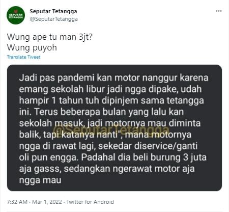 1 Tahun Motor Dipinjam dan Tak Dirawat oleh Tetangga, Saat Diminta Tak Kunjung Dikembalikan, Padahal (Twitter/SeputarTetangga)