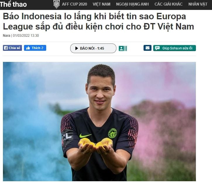 Laporan media Vietnam yang sebut Indonesia takut terkait rencana naturalisasi Filip Nguyen. (Soha.vn)