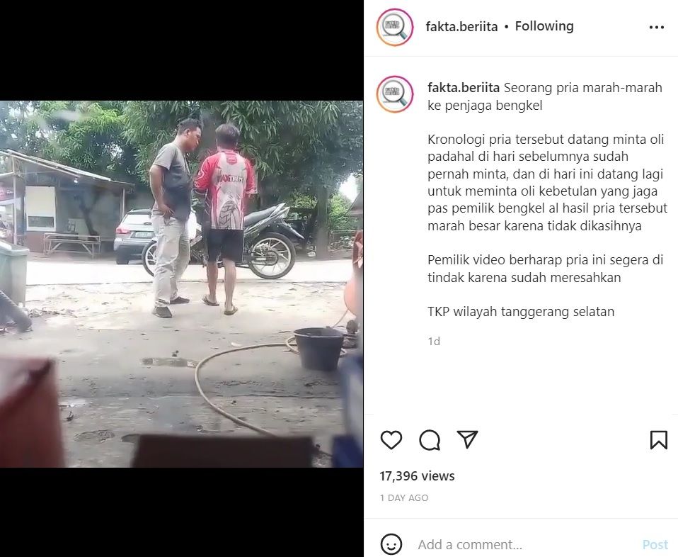 Viral Pria Ngamuk ke Penjaga Bengkel, Diduga Tak Dikasih saat Memalak Oli (Instagram/@fakta.beriita)