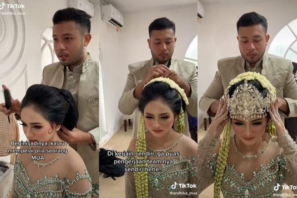 Viral Pengantin Pria Jadi MUA Mempelai Wanita. (TikTok/@andhika_mua)