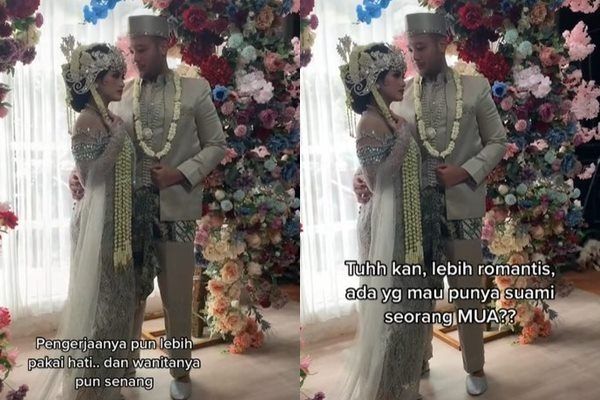 Viral Pengantin Pria Jadi MUA Mempelai Wanita. (TikTok/@andhika_mua)