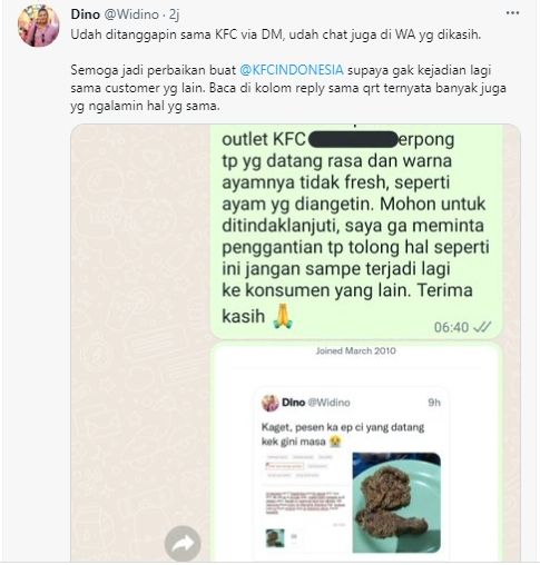 respon pihak resto cepat saji atas keluhan ayam goreng yang diduga tidak fresh.  [@widino / Twitter]