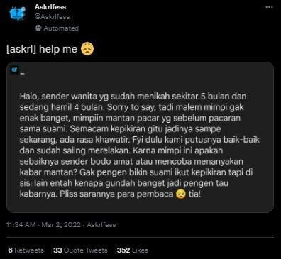 Viral Curhat Istri Lagi Hamil Mendadak Mimpi Mantan Pacar. (Twitter/@Askrlfess)